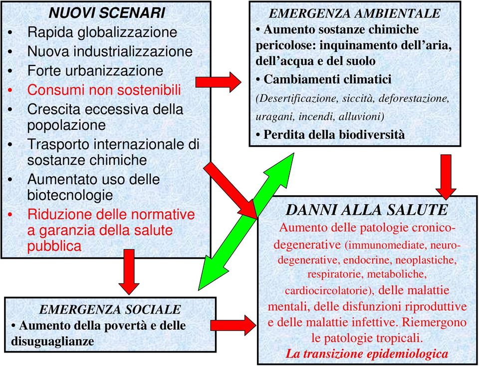 chimiche pericolose: inquinamento dell aria, dell acqua e del suolo Cambiamenti climatici (Desertificazione, siccità, deforestazione, uragani, incendi, alluvioni) Perdita della biodiversità DANNI