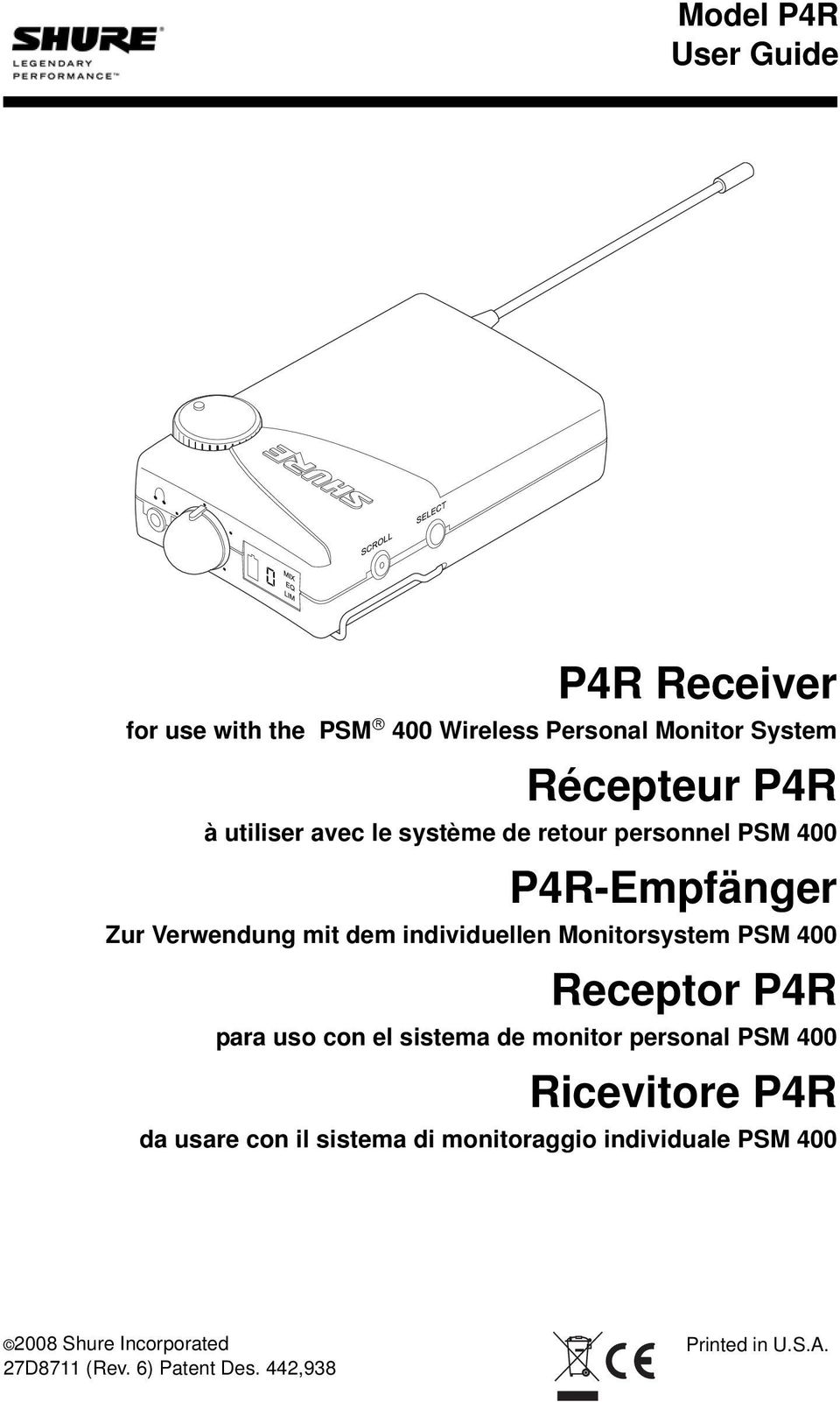 Monitorsystem PSM 400 Receptor P4R para uso con el sistema de monitor personal PSM 400 Ricevitore P4R da usare