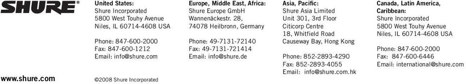 28, 74078 Heilbronn, Germany Phone: 49-7131-72140 Fax: 49-7131-721414 Email: info@shure.
