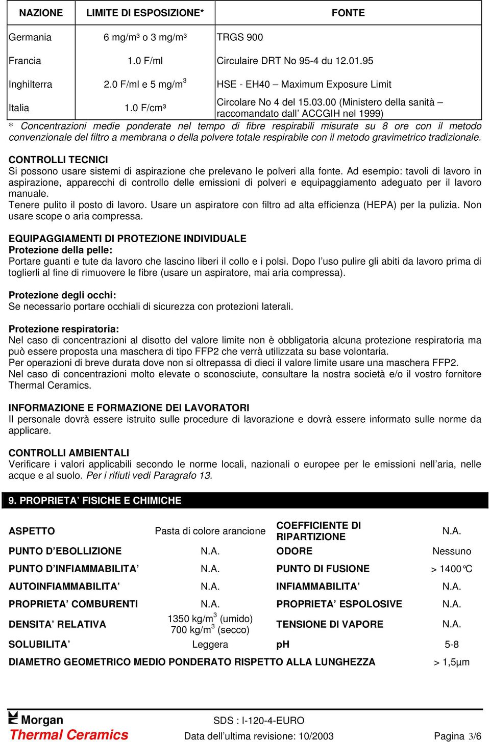 0 F/cm³ raccomandato dall ACCGIH nel 1999) * Concentrazioni medie ponderate nel tempo di fibre respirabili misurate su 8 ore con il metodo convenzionale del filtro a membrana o della polvere totale