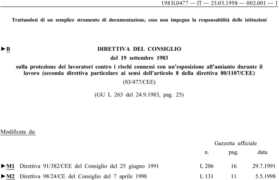 settembre 1983 sulla protezione dei lavoratori contro i rischi connessi con un esposizione all amianto durante il lavoro (seconda direttiva particolare ai