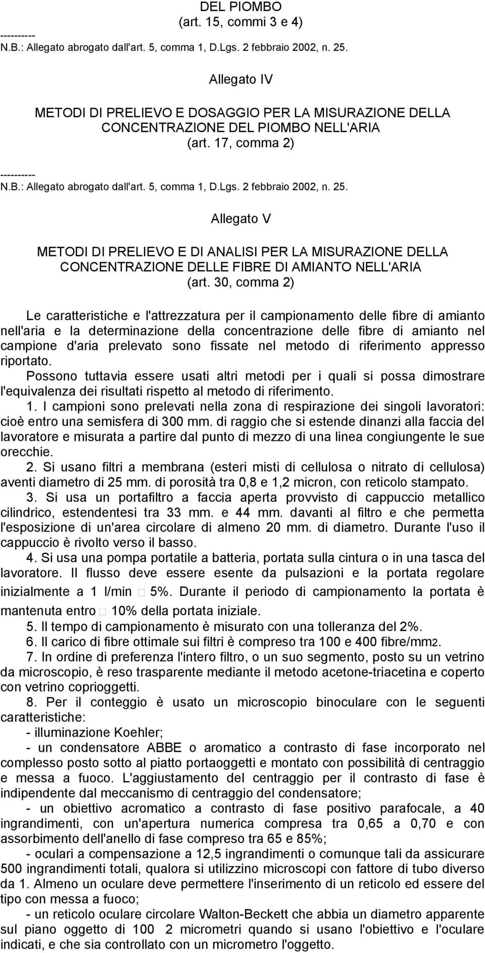 2 febbraio 2002, n. 25. Allegato V METODI DI PRELIEVO E DI ANALISI PER LA MISURAZIONE DELLA CONCENTRAZIONE DELLE FIBRE DI AMIANTO NELL'ARIA (art.