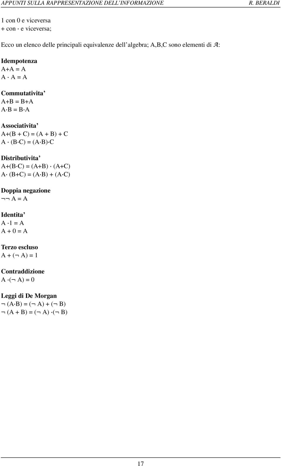 C Distributivita A+(BH C) = (A+B) H (A+C) AH (B+C) = (AH B) + (AH C) Doppia negazione GIG A = A Identita A H 1 = A A + 0 = A