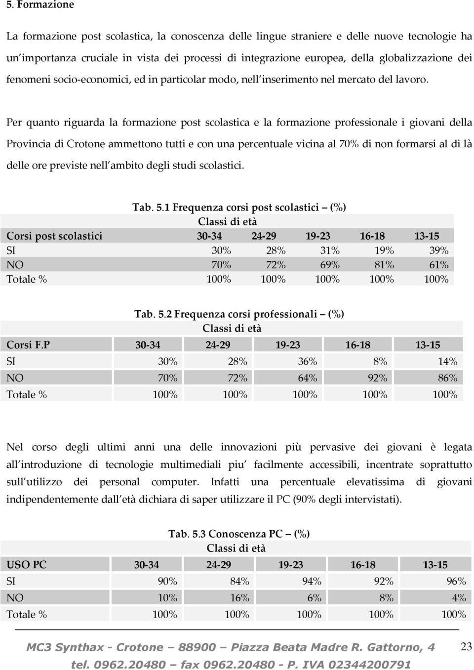 Per quanto riguarda la formazione post scolastica e la formazione professionale i giovani della Provincia di Crotone ammettono tutti e con una percentuale vicina al 70% di non formarsi al di là delle