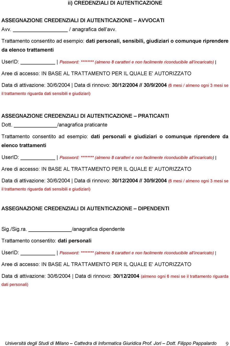 incaricato) Aree di accesso: IN BASE AL TRATTAMENTO PER IL QUALE E AUTORIZZATO Data di attivazione: 30/6/2004 Data di rinnovo: 30/12/2004 // 30/9/2004 (6 mesi / almeno ogni 3 mesi se il trattamento