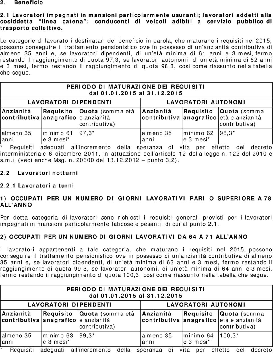 lavoratori dipendenti, di un età minima di 61 e 3 mesi, fermo restando il raggiungimento di quota 97,3, se lavoratori autonomi, di un età minima di 62 e 3 mesi, fermo restando il raggiungimento di