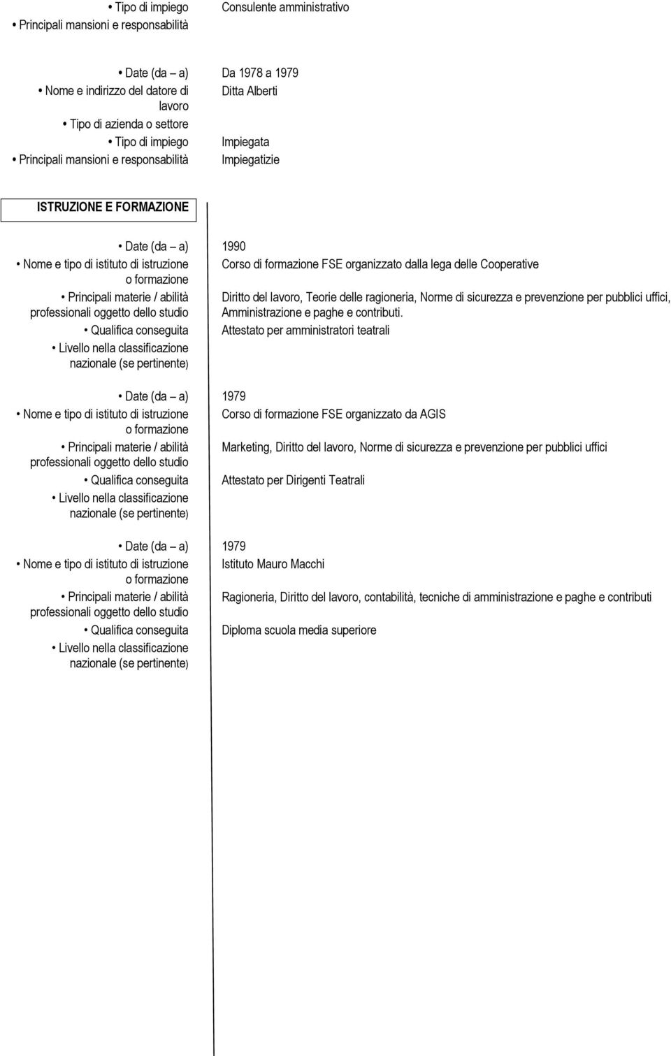 contributi Qualifica conseguita Attestato per amministratori teatrali 1979 Nome e tipo di istituto di istruzione Corso di formazione FSE organizzato da AGIS Principali materie / abilità Marketing,