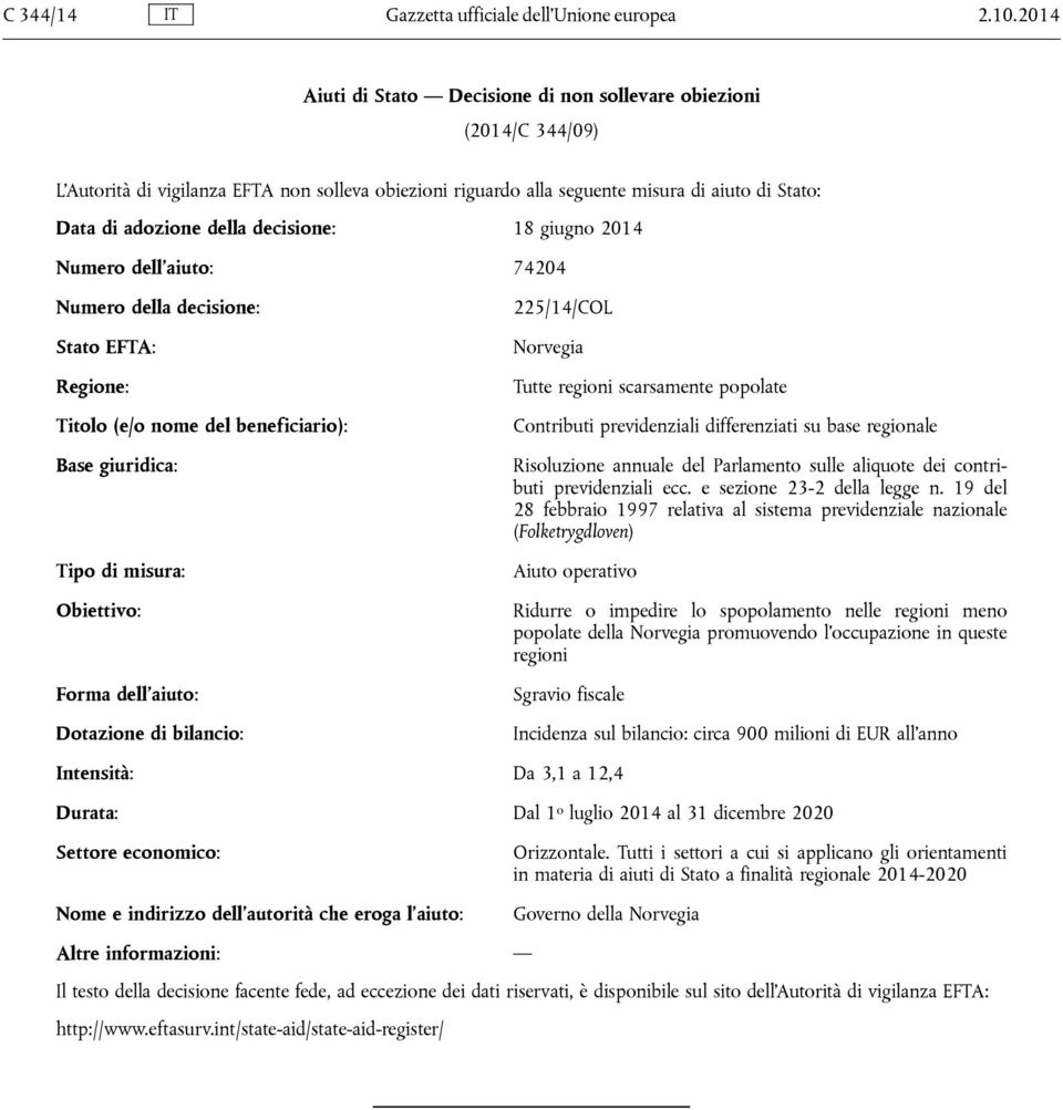 decisione: 18 giugno 2014 Numero dell aiuto: 74204 Numero della decisione: Stato EFTA: Regione: Titolo (e/o nome del beneficiario): Base giuridica: Tipo di misura: Obiettivo: Forma dell aiuto: