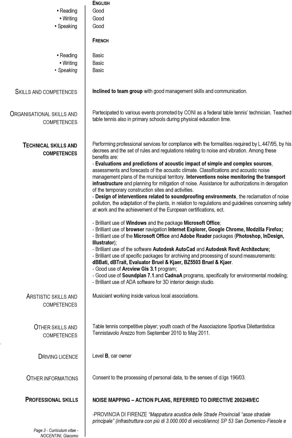 TECHNICAL SKILLS AND Performing professional services for compliance with the formalities required by L.447/95, by his decrees and the set of rules and regulations relating to noise and vibration.