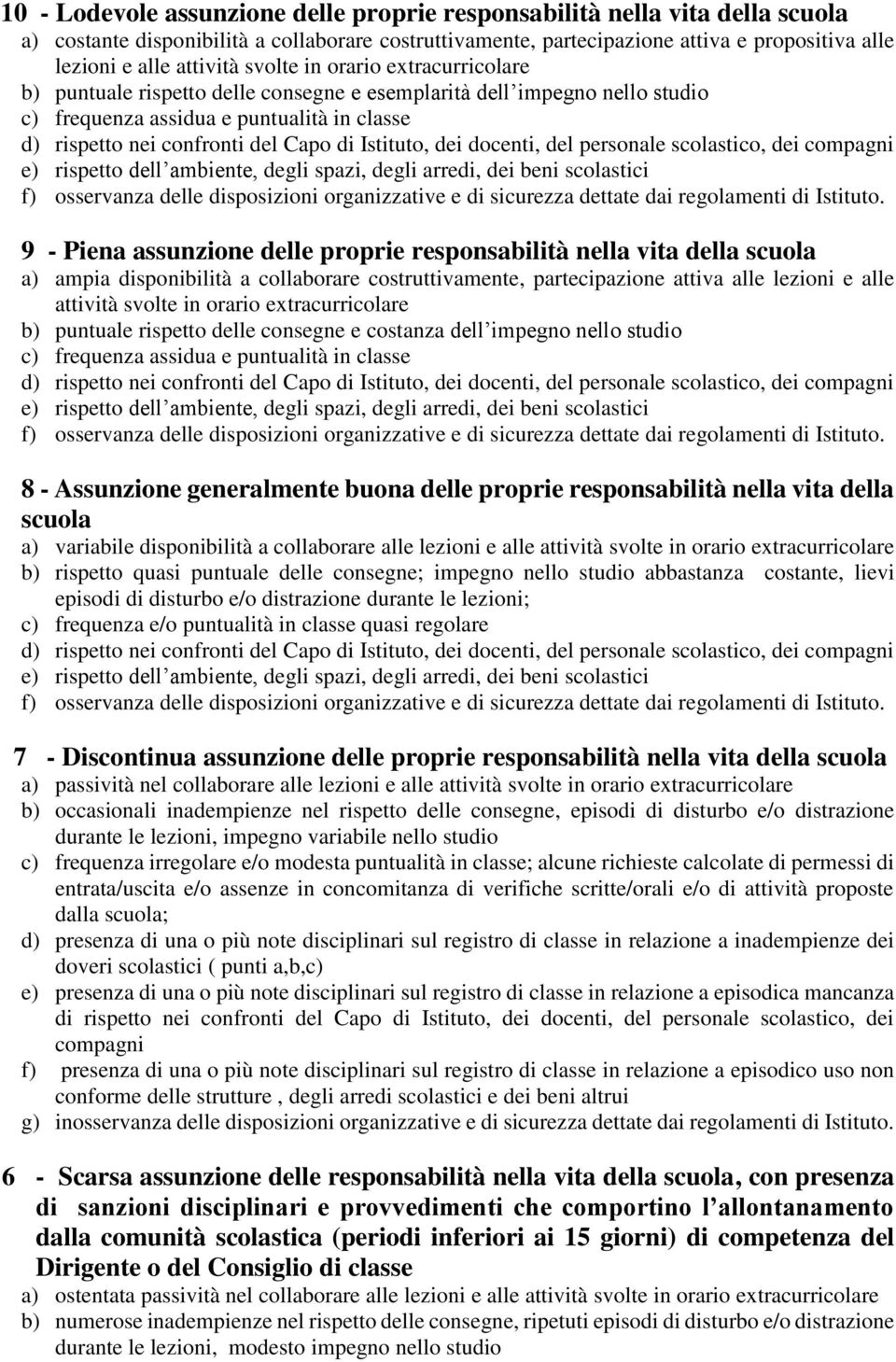 di Istituto, dei docenti, del personale scolastico, dei compagni e) rispetto dell ambiente, degli spazi, degli arredi, dei beni scolastici f) osservanza delle disposizioni organizzative e di