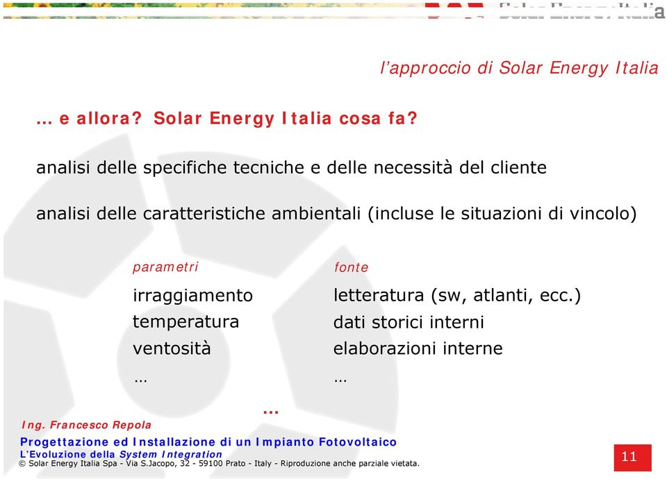 caratteristiche ambientali (incluse le situazioni di vincolo) parametri irraggiamento