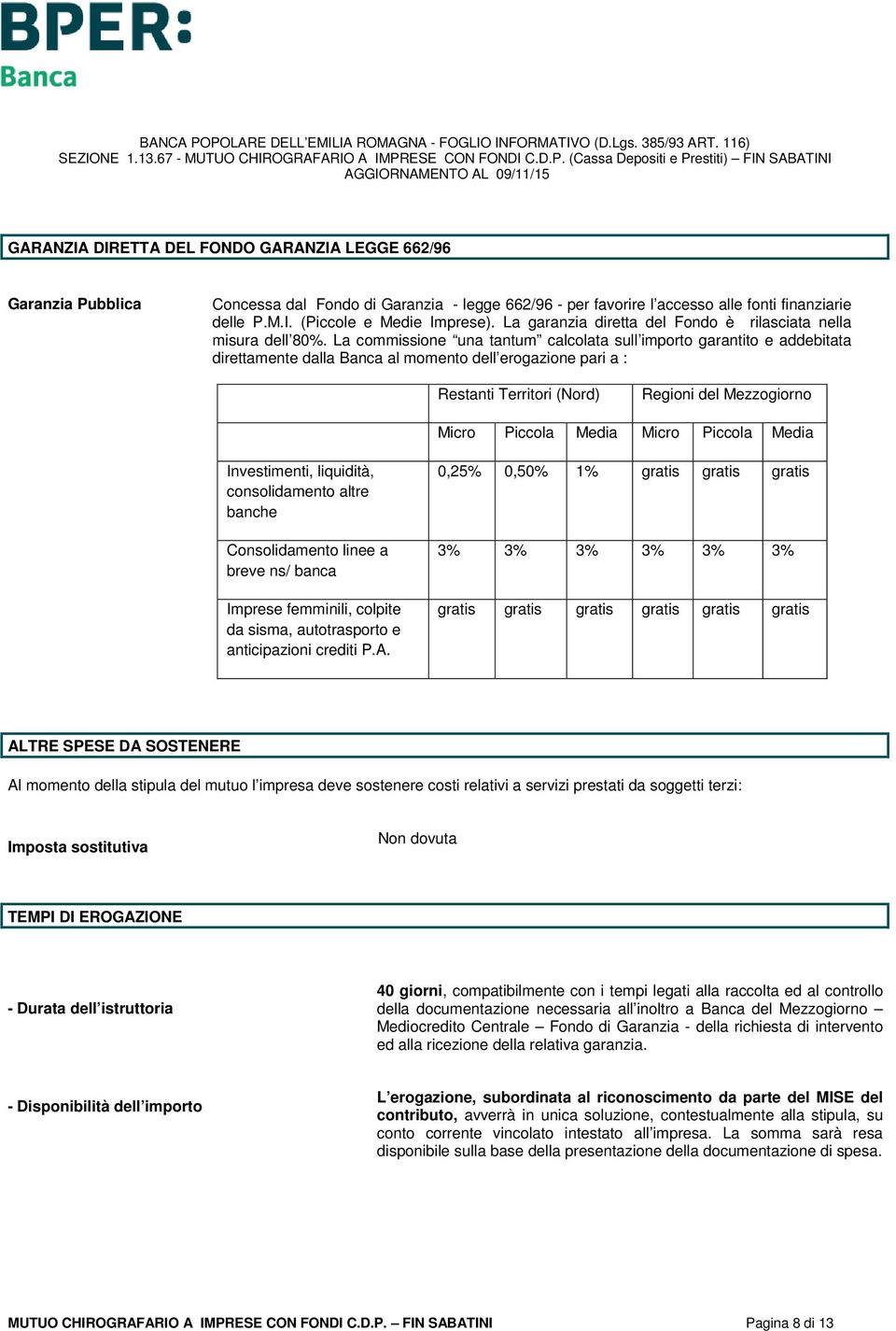 La commissione una tantum calcolata sull importo garantito e addebitata direttamente dalla Banca al momento dell erogazione pari a : Restanti Territori (Nord) Regioni del Mezzogiorno Micro Piccola