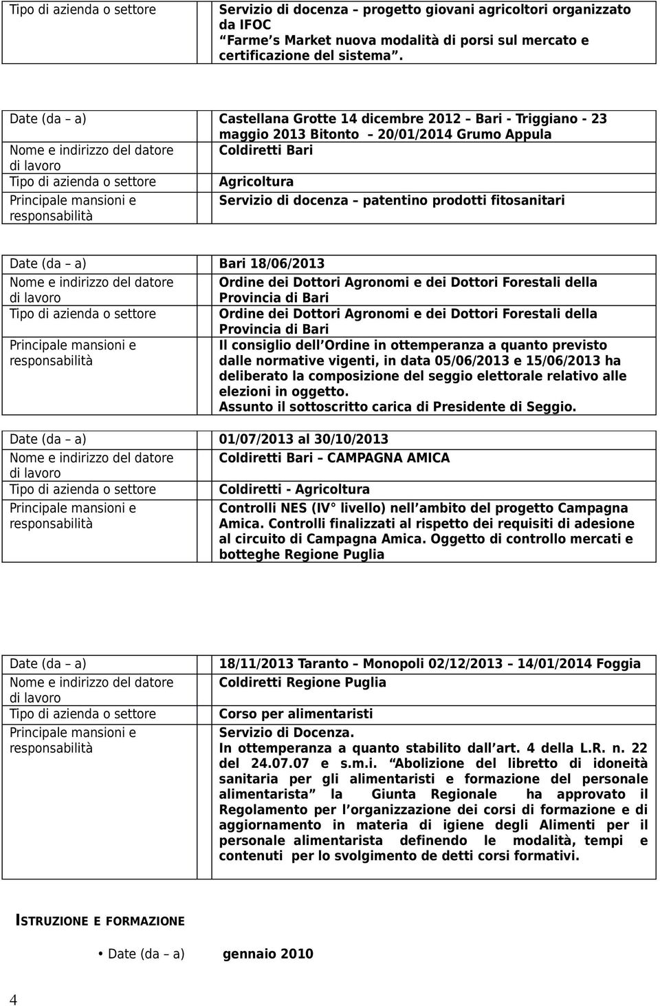 di docenza patentino prodotti fitosanitari Date (da a) Bari 18/06/2013 Ordine dei Dottori Agronomi e dei Dottori Forestali della Provincia di Bari Tipo di azienda o settore Ordine dei Dottori