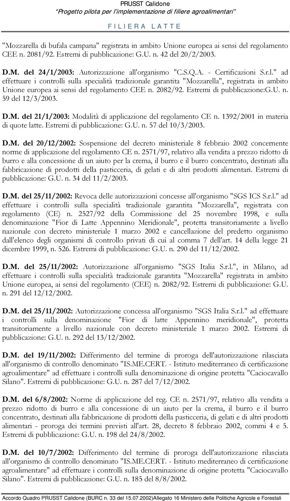 Estremi di pubblicazione:g.u. n. 59 del 12/3/2003. D.M. del 21/1/2003: Modalità di applicazione del regolamento CE n. 1392/2001 in materia di quote latte. Estremi di pubblicazione: G.U. n. 57 del 10/3/2003.