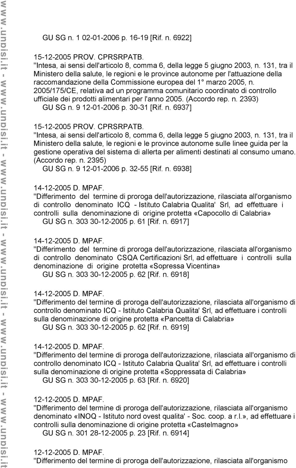 2005/175/CE, relativa ad un programma comunitario coordinato di controllo ufficiale dei prodotti alimentari per l'anno 2005. (Accordo rep. n. 2393) GU SG n. 9 12-01-2006 p. 30-31 [Rif. n. 6937] 15-12-2005 PROV.