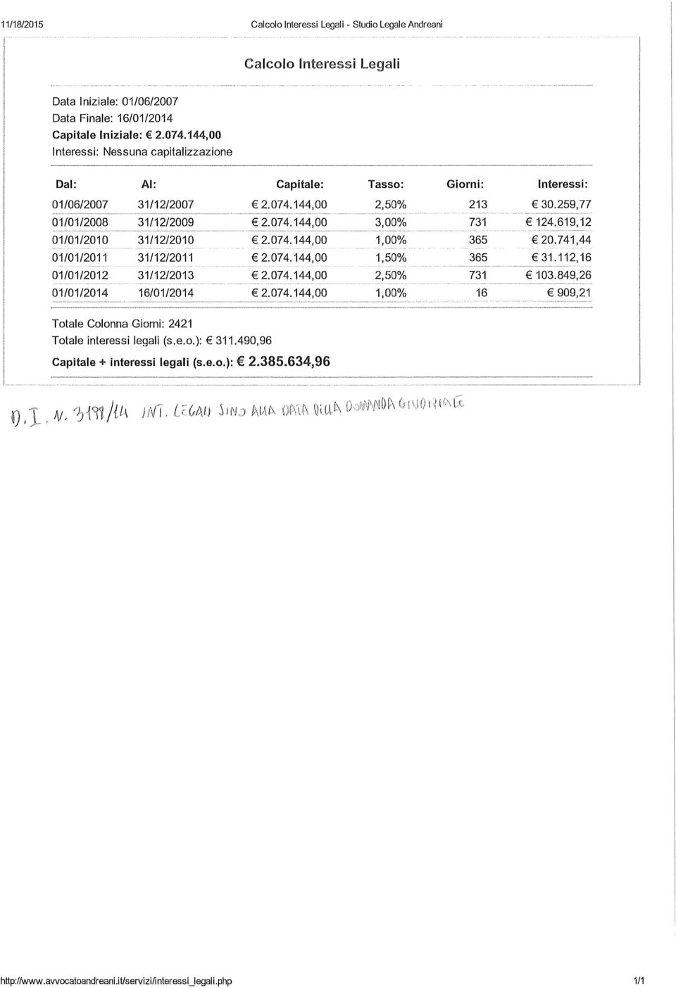 112,16 01/01/2012 31/12/2013 2.074.144,00 2,50% 731 103.849,26 01/01/2014 16/01/2014 2.074.144,00 1,00% 16 909,21 Totale Colonna Giorni: 2421 Totale interessi legali (s.