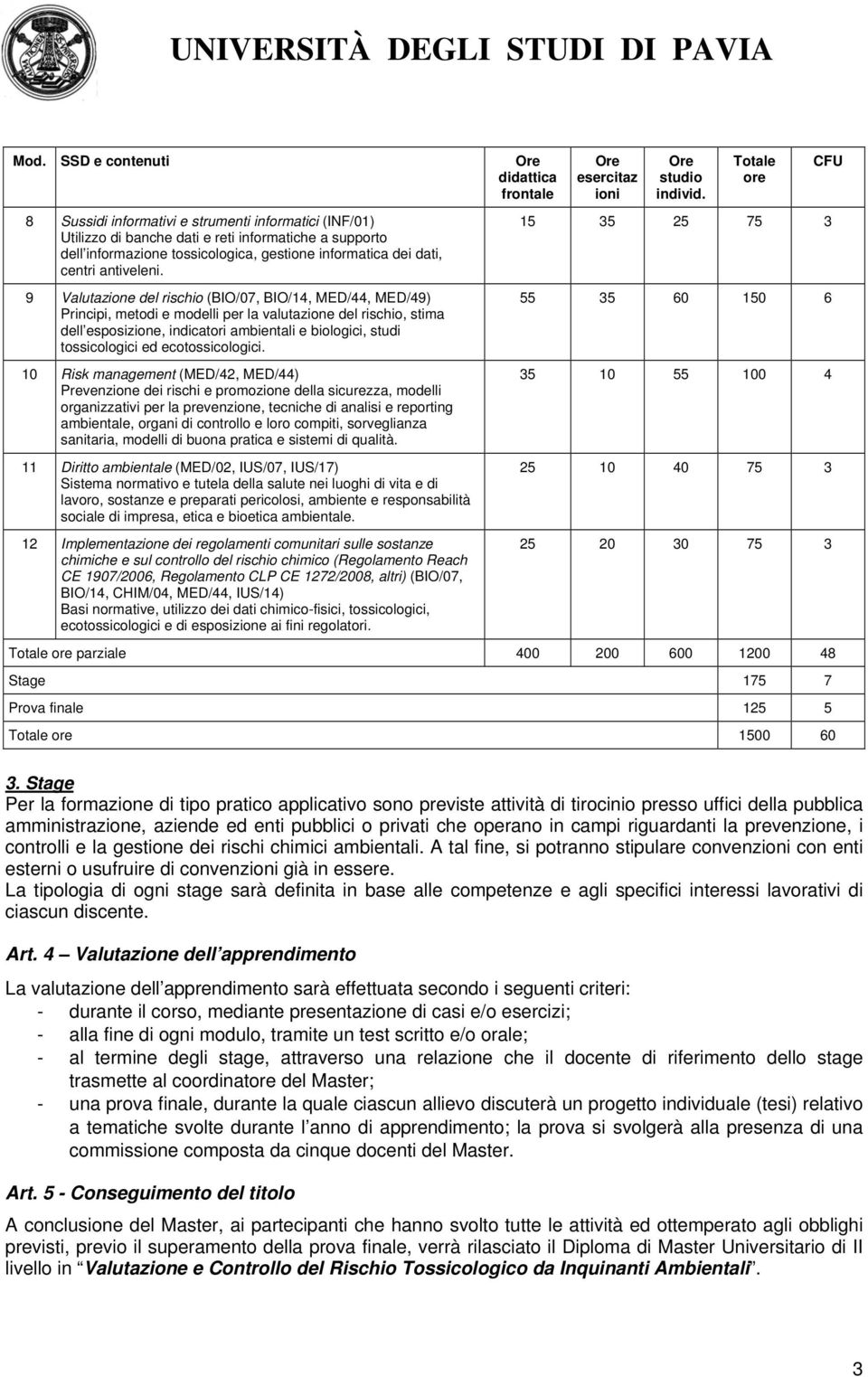 9 Valutazione del rischio (BIO/07, BIO/14, MED/44, MED/49) Principi, metodi e modelli per la valutazione del rischio, stima dell esposizione, indicatori ambientali e biologici, studi tossicologici ed