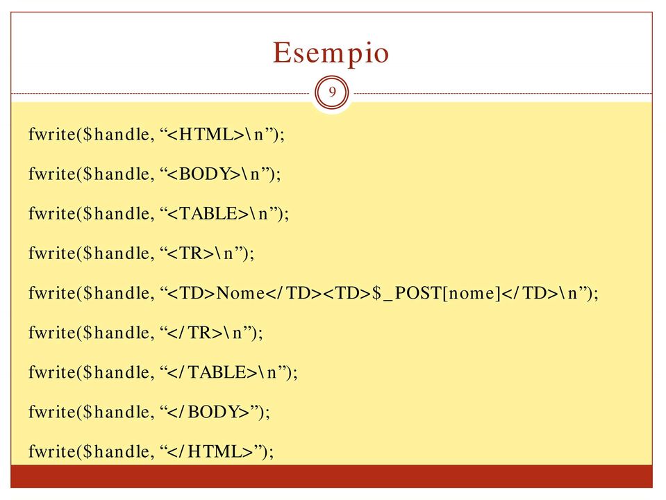 <TD>Nome</TD><TD>$_POST[nome]</TD>\n ); fwrite($handle, </TR>\n );