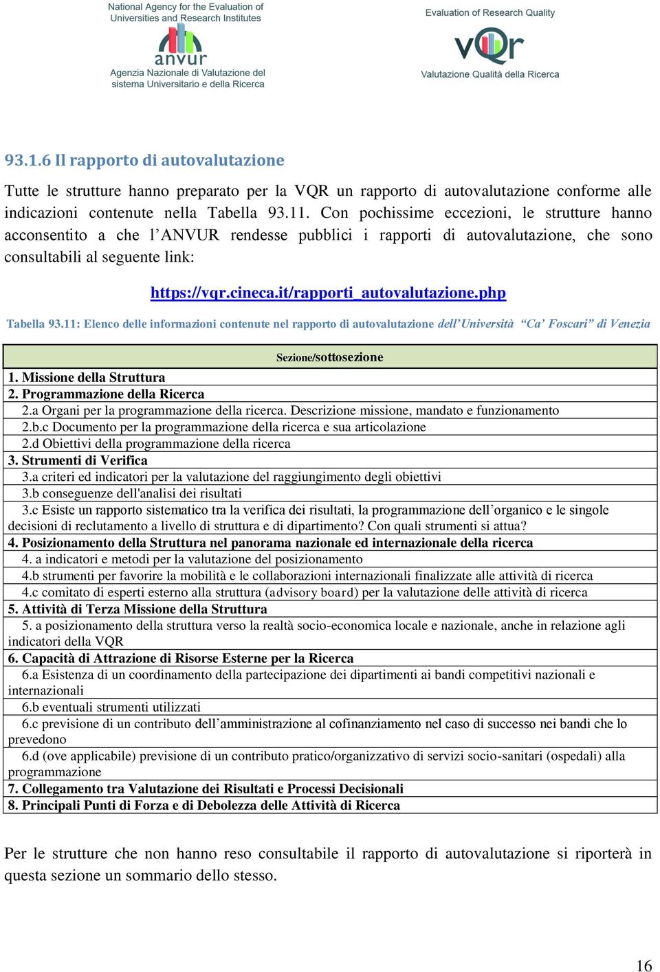 it/rapporti_autovalutazione.php Tabella 93.11: Elenco delle informazioni contenute nel rapporto di autovalutazione dell Università Ca Foscari di Venezia Sezione/sottosezione 1.