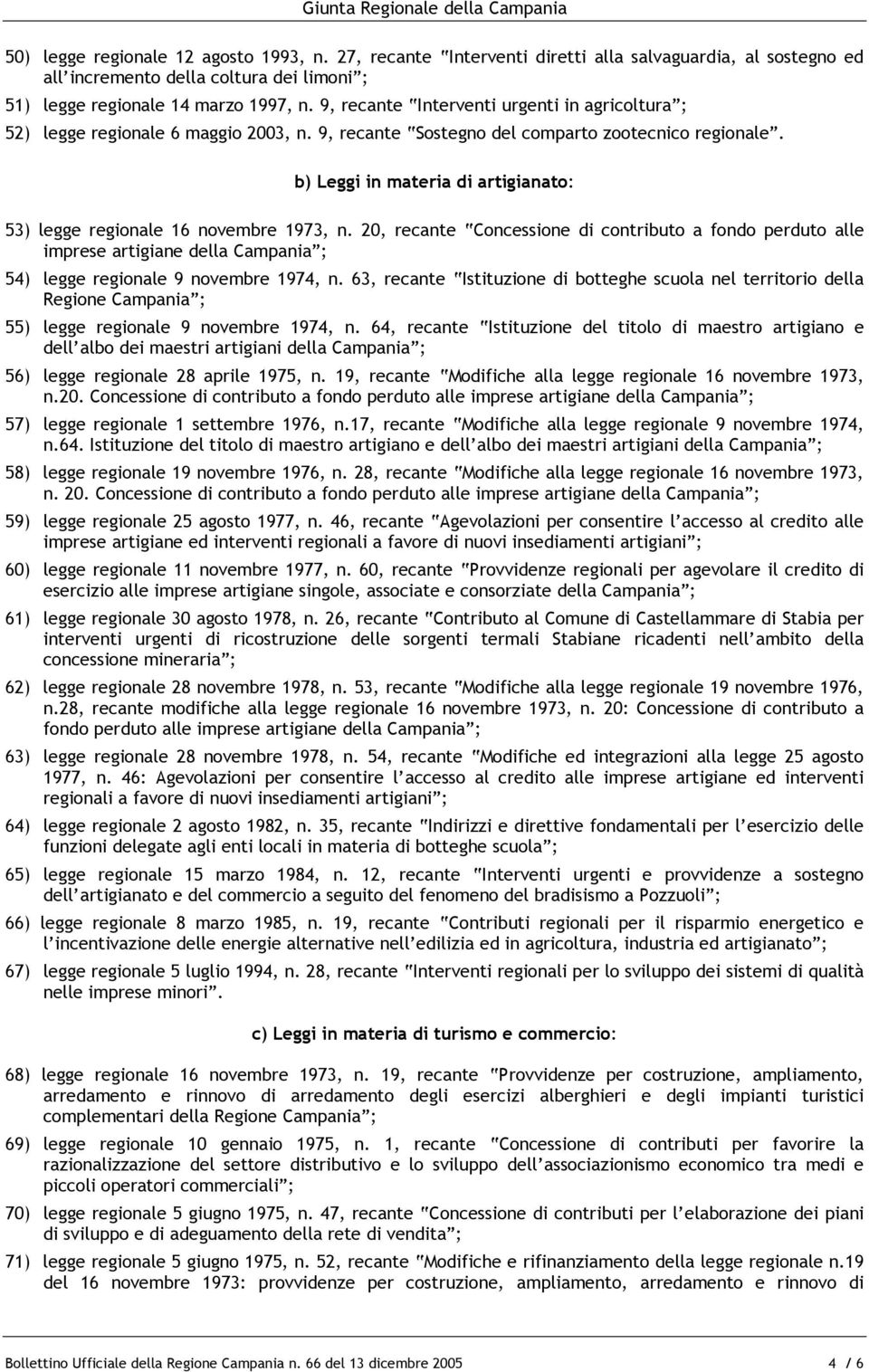 b) Leggi in materia di artigianato: 53) legge regionale 16 novembre 1973, n.