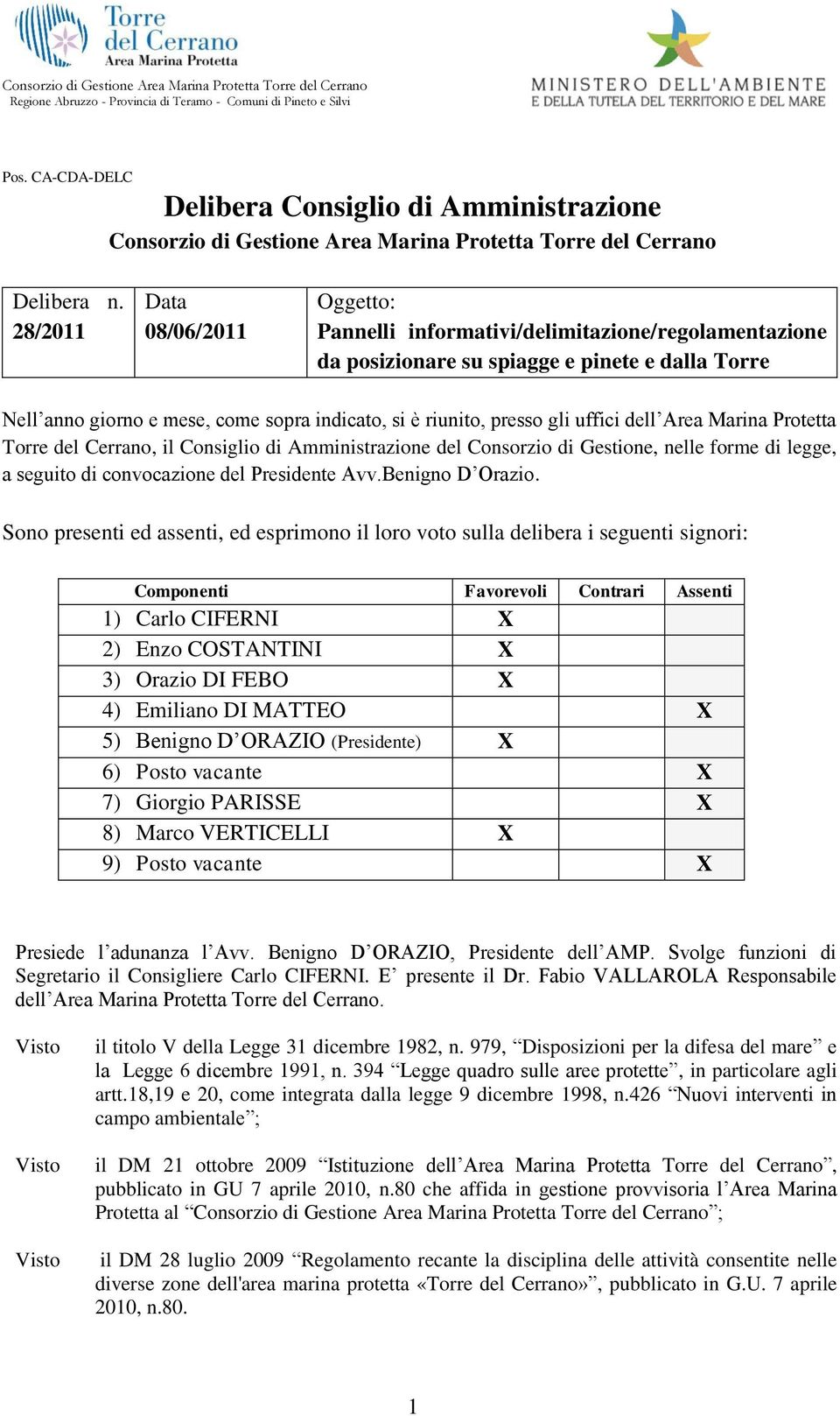 presso gli uffici dell Area Marina Protetta Torre del Cerrano, il Consiglio di Amministrazione del Consorzio di Gestione, nelle forme di legge, a seguito di convocazione del Presidente Avv.