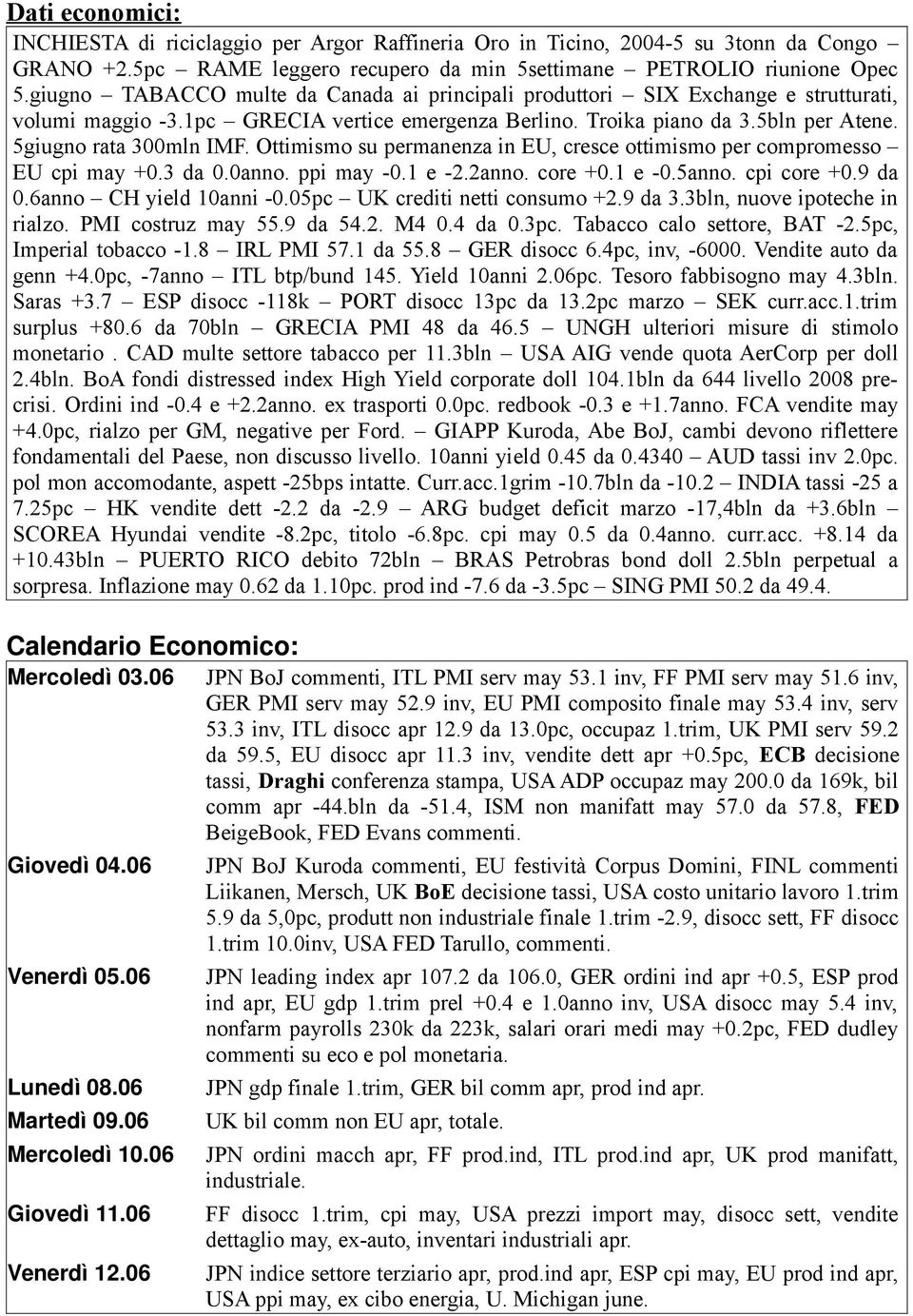 Ottimismo su permanenza in EU, cresce ottimismo per compromesso EU cpi may +0.3 da 0.0anno. ppi may -0.1 e -2.2anno. core +0.1 e -0.5anno. cpi core +0.9 da 0.6anno CH yield 10anni -0.