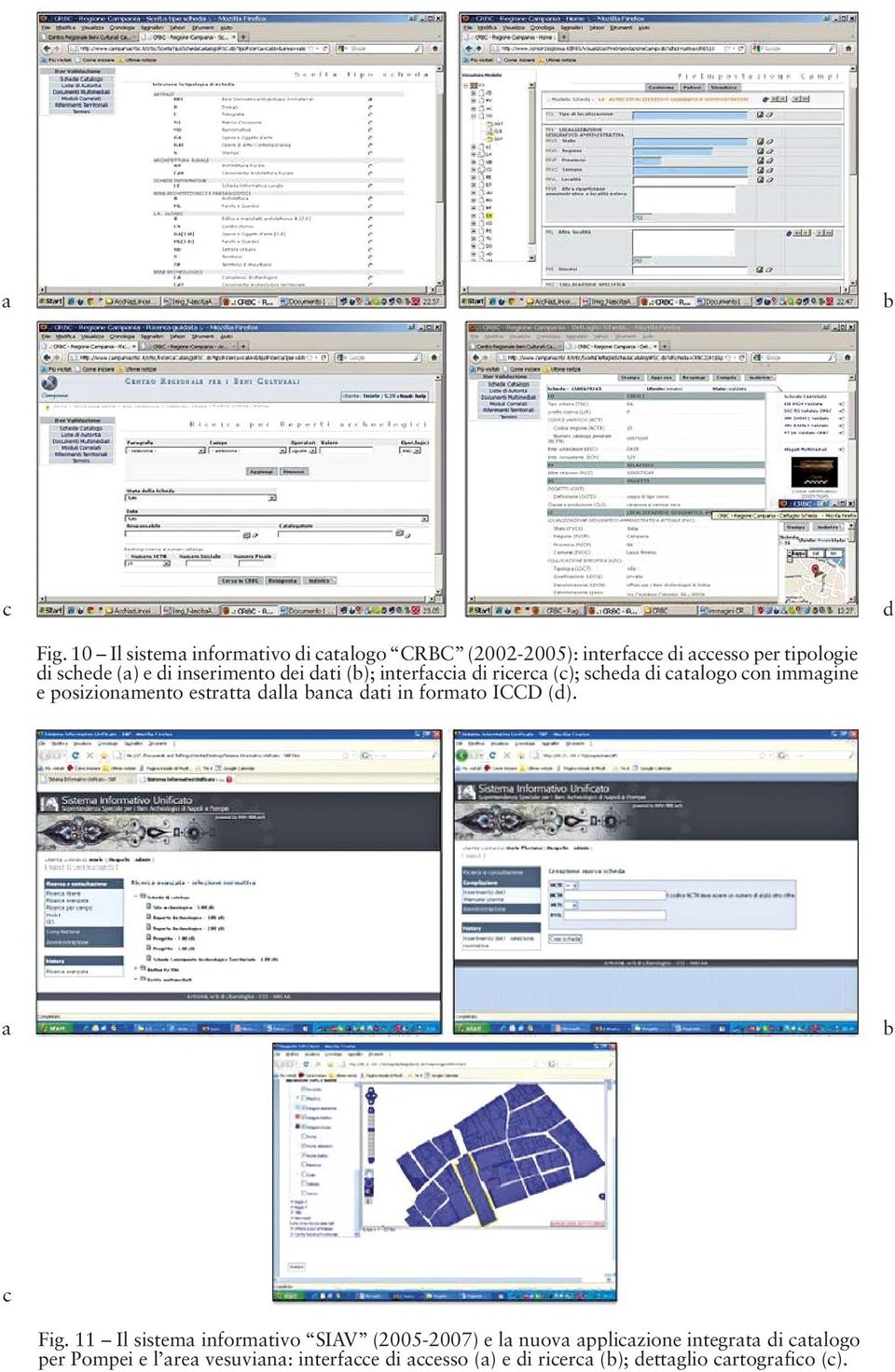 inserimento dei dati (b); interfaccia di ricerca (c); scheda di catalogo con immagine e posizionamento estratta dalla