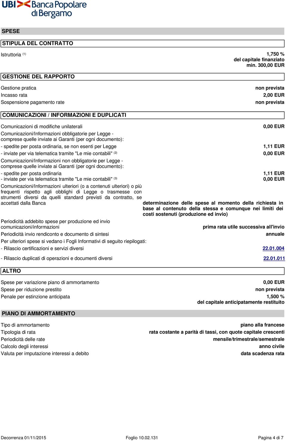 Comunicazioni di modifiche unilaterali Comunicazioni/Informazioni obbligatorie per Legge - comprese quelle inviate ai Garanti (per ogni documento): 0,00 EUR - spedite per posta ordinaria, se non