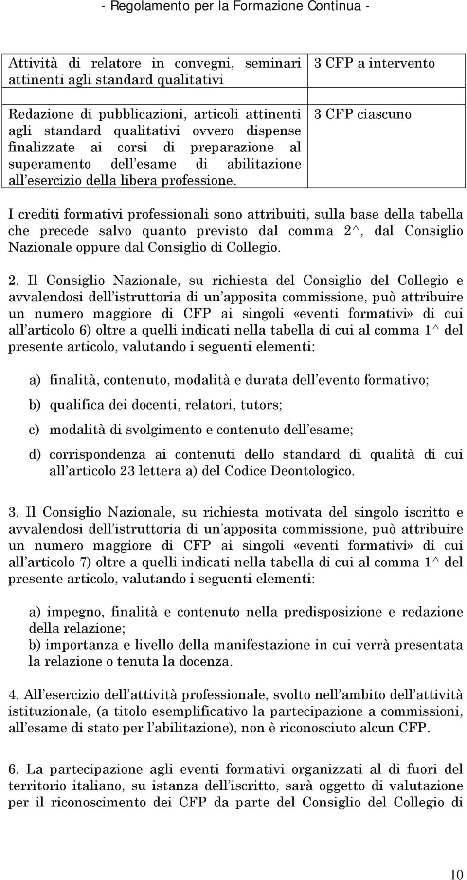 3 CFP a intervento 3 CFP ciascuno I crediti formativi professionali sono attribuiti, sulla base della tabella che precede salvo quanto previsto dal comma 2^, dal Consiglio Nazionale oppure dal