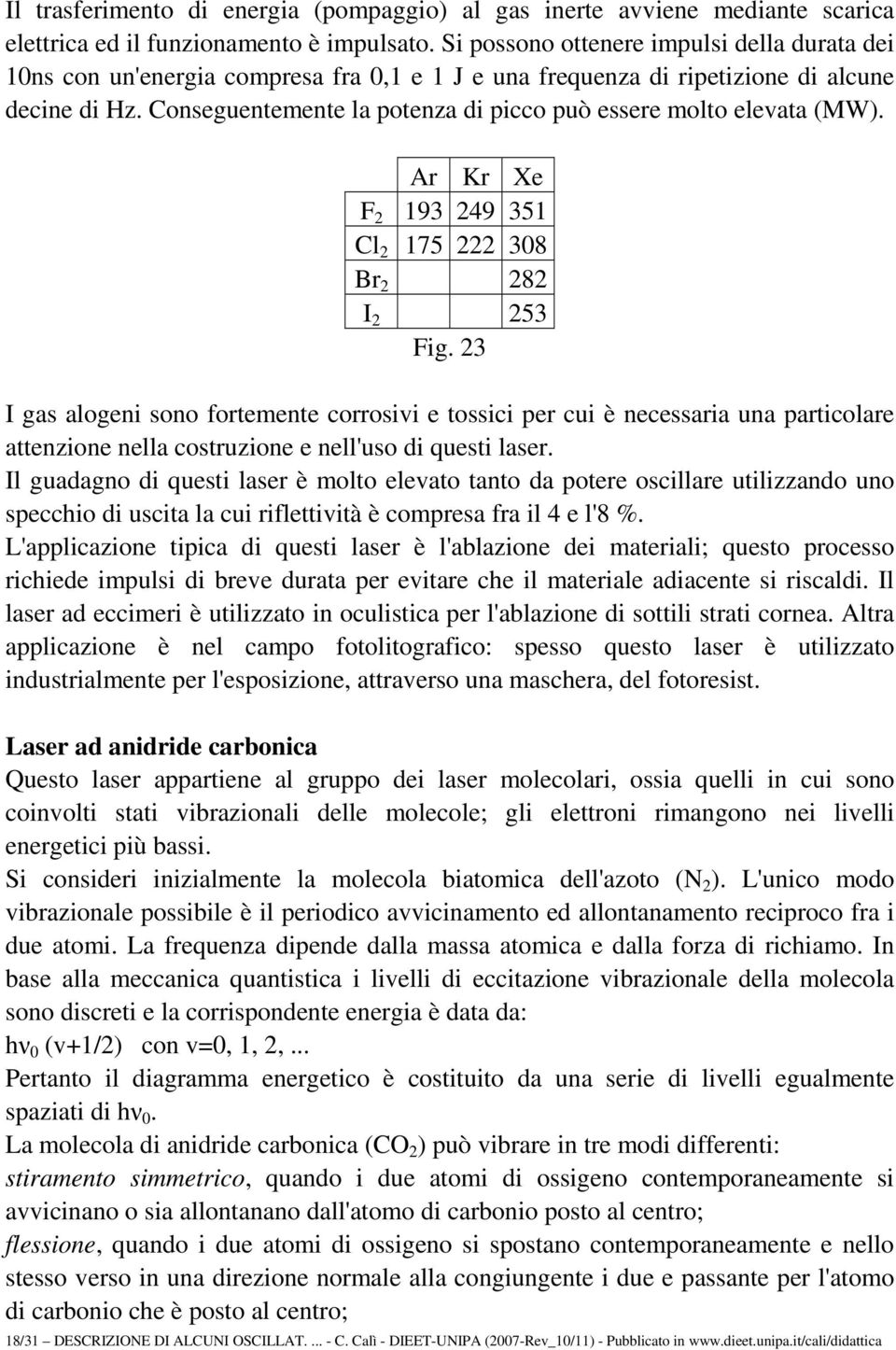 Conseguentemente la potenza di picco può essere molto elevata (MW). Ar Kr Xe F 2 193 249 351 Cl 2 175 222 308 Br 2 282 I 2 253 Fig.