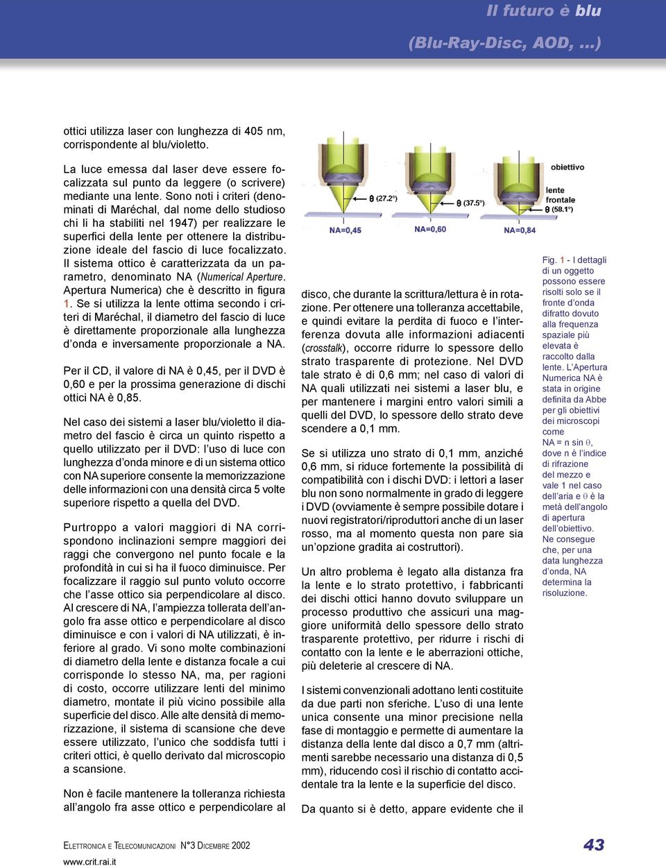 fascio di luce focalizzato. Il sistema ottico è caratterizzata da un para me tro, denominato NA (Numerical Aperture. Aper tu ra Numerica) che è descritto in figura 1.