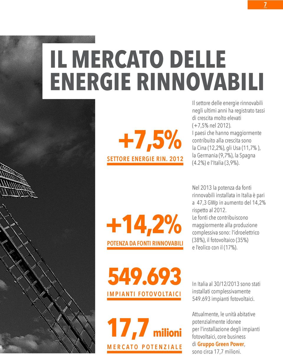 +14,2% POTENZA DA FONTI RINNOVABILI Nel 2013 la potenza da fonti rinnovabili installata in Italia è pari a 47,3 GWp in aumento del 14,2% rispetto al 2012.