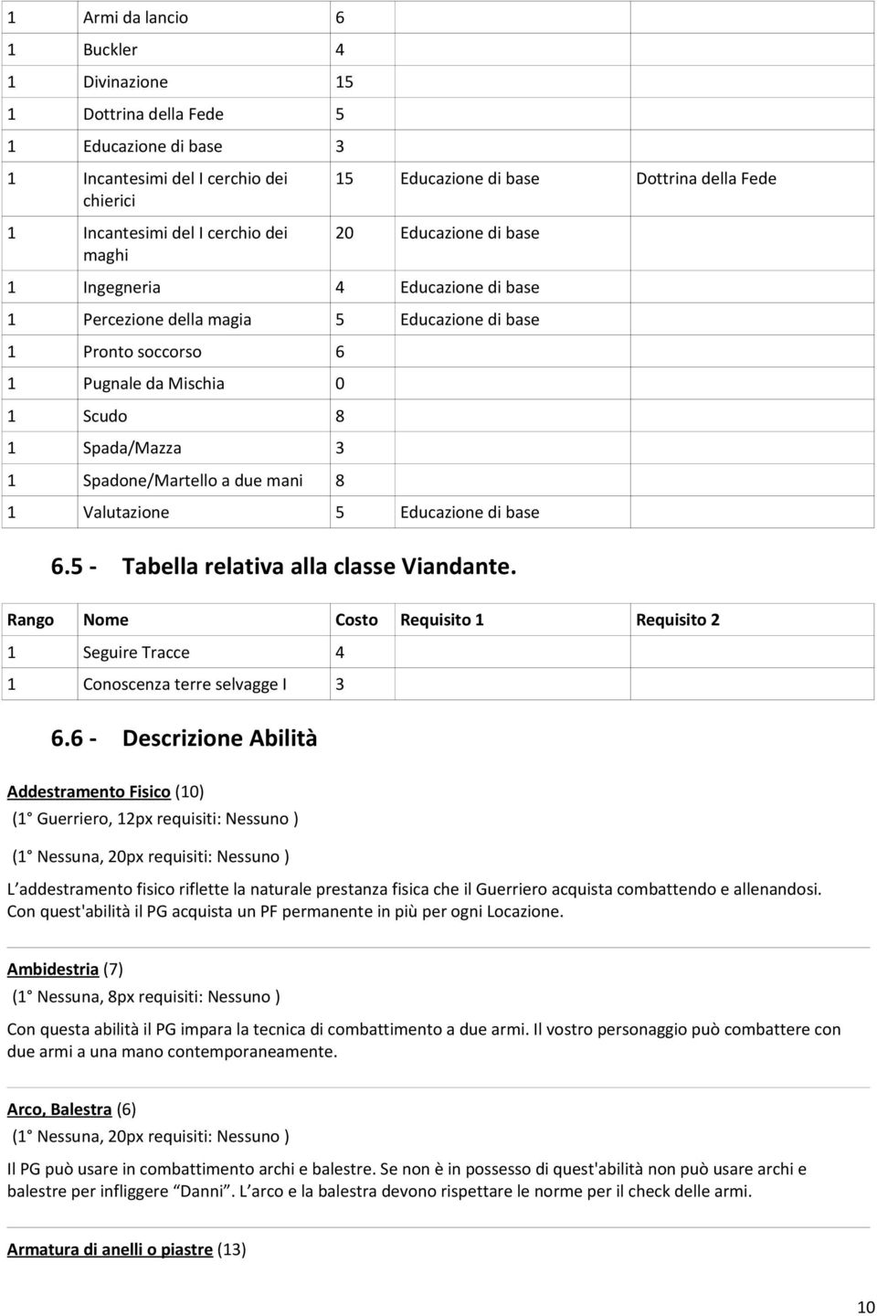 Spadone/Martello a due mani 8 1 Valutazione 5 Educazione di base 6.5 - Tabella relativa alla classe Viandante.