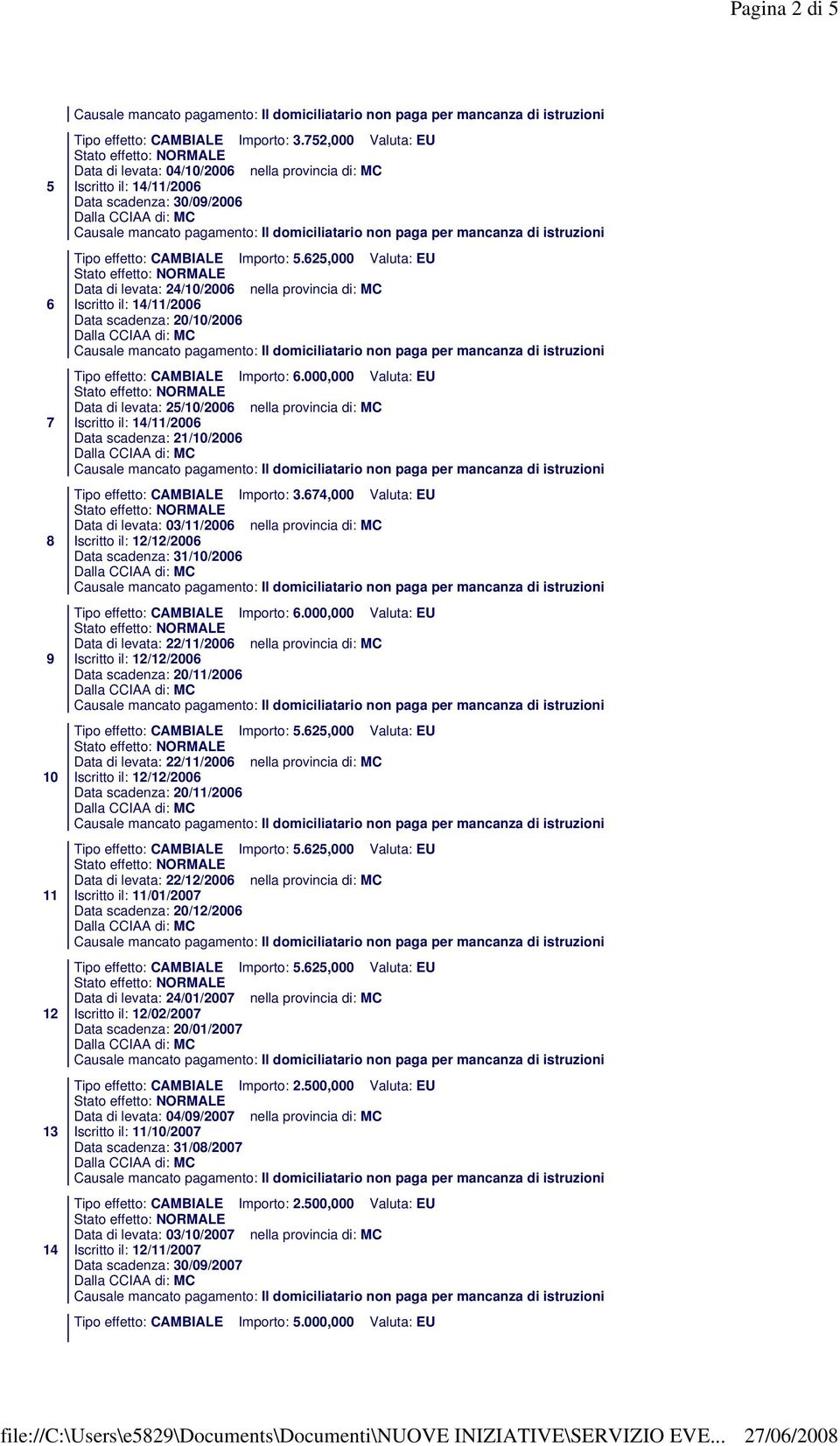 Importo: 6.000,000 Valuta: EU Data di levata: 25/10/2006 nella provincia di: MC Data scadenza: 21/10/2006 Tipo effetto: CAMBIALE Importo: 3.