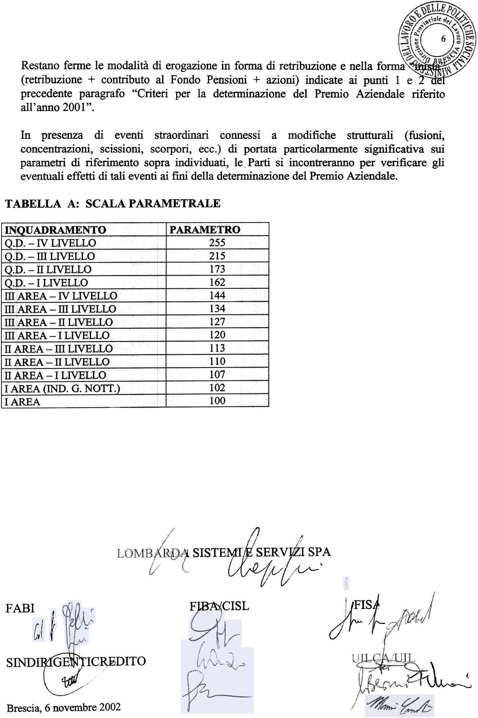 per la determinazione del Premio Aziendale riferito all'anno 2001 ". In presenza di eventi straordinari connessi a modifiche strutturali (fusioni, concentrazioni, scissioni, scorpori, ecc.