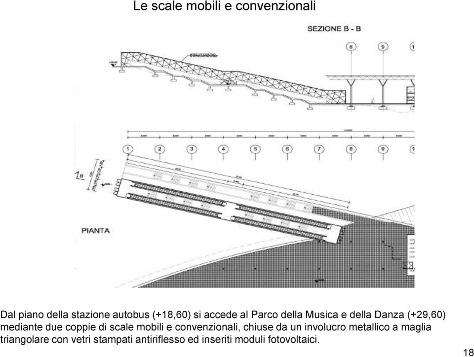 di scale mobili e convenzionali, chiuse da un involucro metallico a maglia