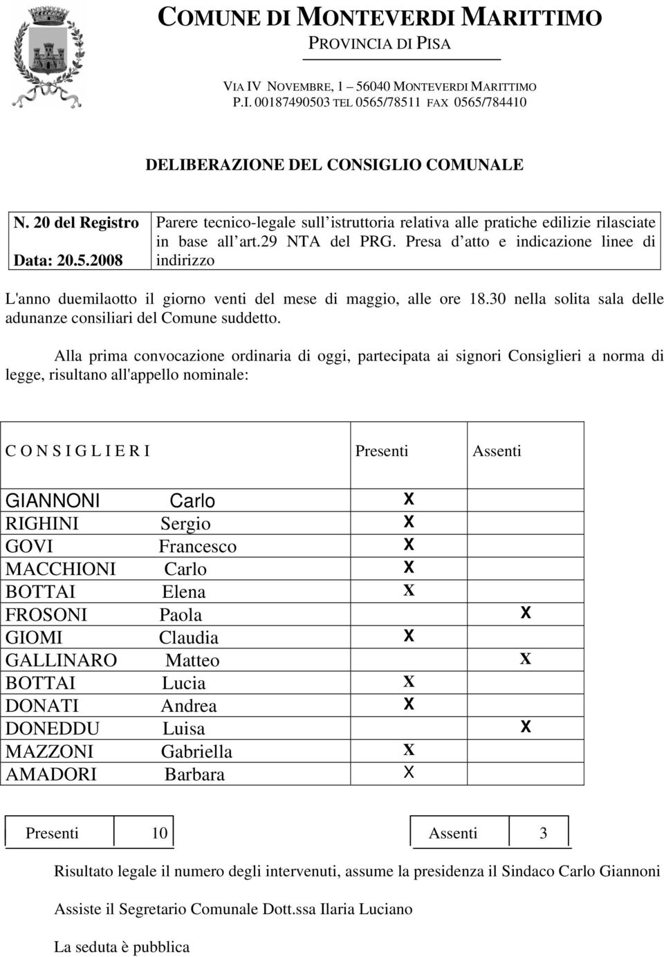 Presa d atto e indicazione linee di indirizzo L'anno duemilaotto il giorno venti del mese di maggio, alle ore 18.30 nella solita sala delle adunanze consiliari del Comune suddetto.