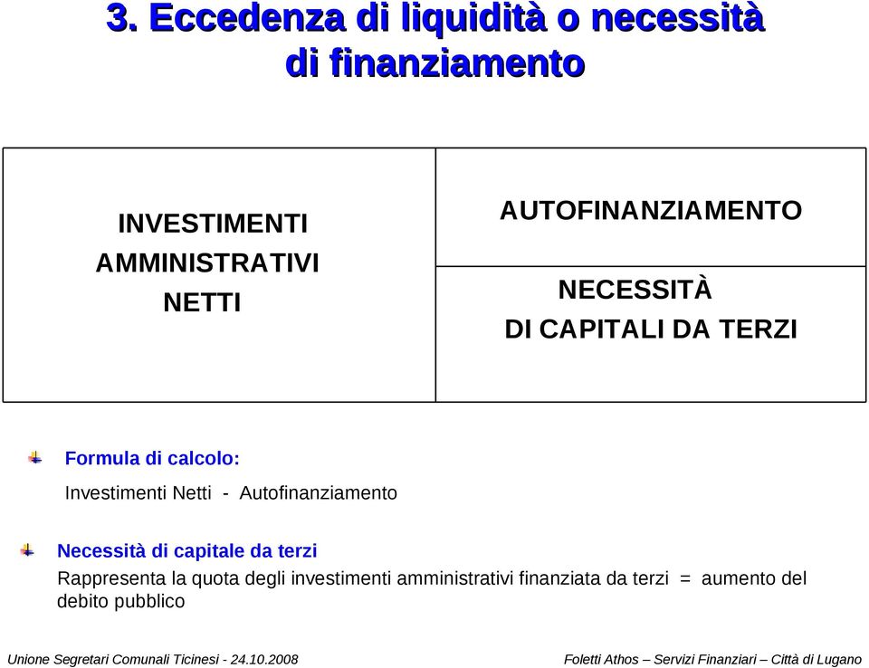 Investimenti Netti - Autofinanziamento Necessità di capitale da terzi Rappresenta