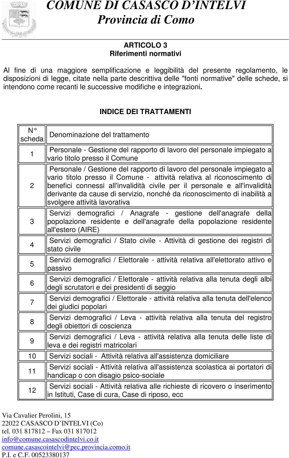 N scheda 1 2 3 4 5 6 7 8 9 INDICE DEI TRATTAMENTI Denominazione del trattamento Personale - Gestione del rapporto di lavoro del personale impiegato a vario titolo presso il Comune Personale /