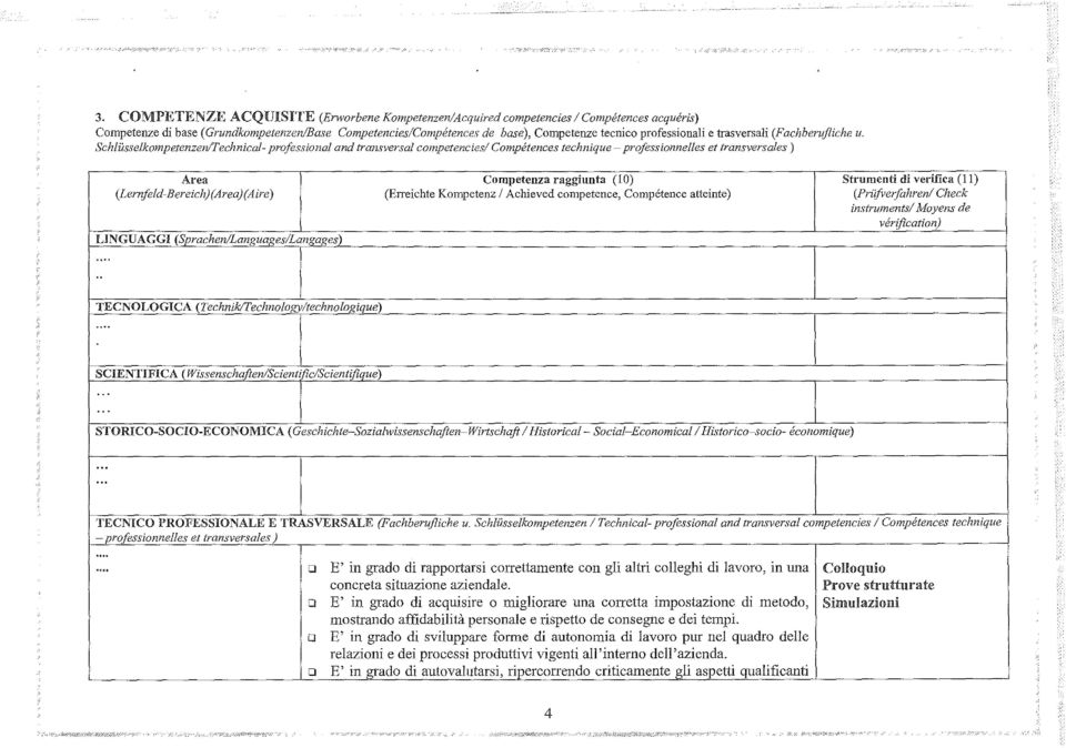 SchlUsselkompetenzeniTechnical- professional and transversal competencies/ Compétences technique- professionnelles et transversales) Area Competenza raggiunta (lo) Strumenti di verifica (I I)