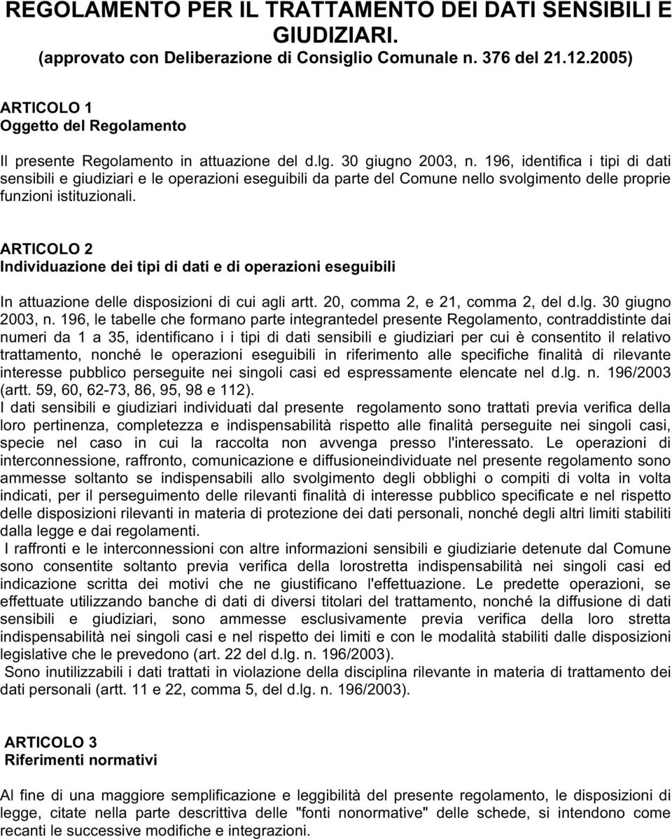 196, identifica i tipi di dati sensibili e giudiziari e le operazioni eseguibili da parte del Comune nello svolgimento delle proprie funzioni istituzionali.