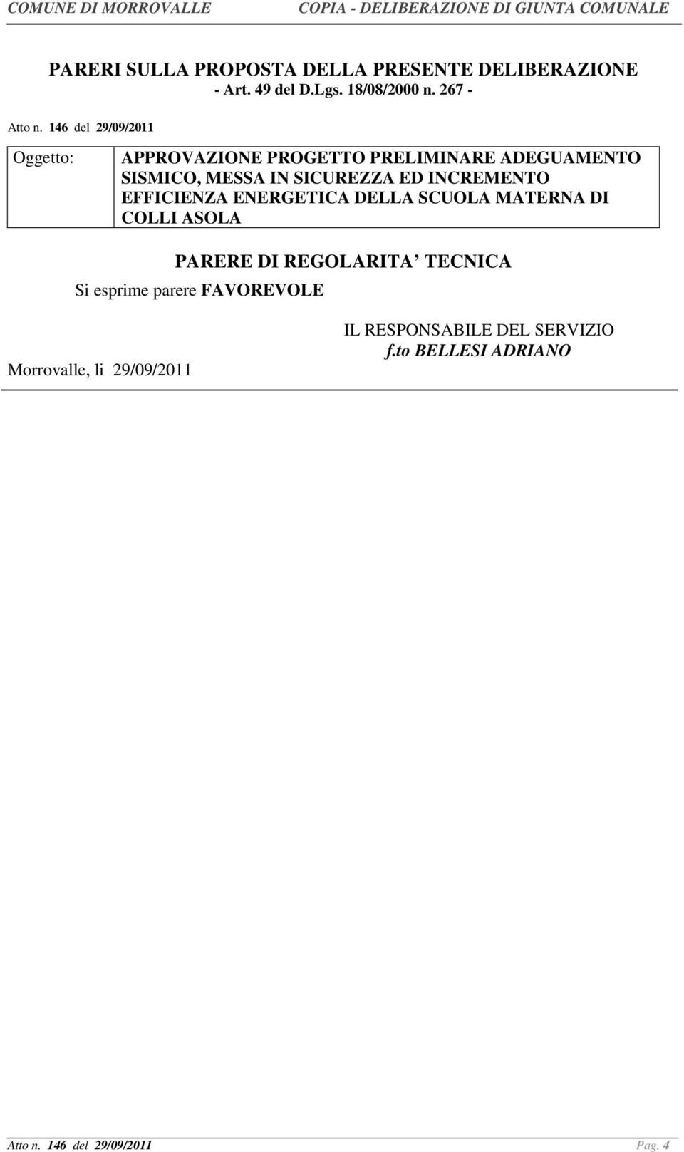 INCREMENTO EFFICIENZA ENERGETICA DELLA SCUOLA MATERNA DI COLLI ASOLA PARERE DI REGOLARITA