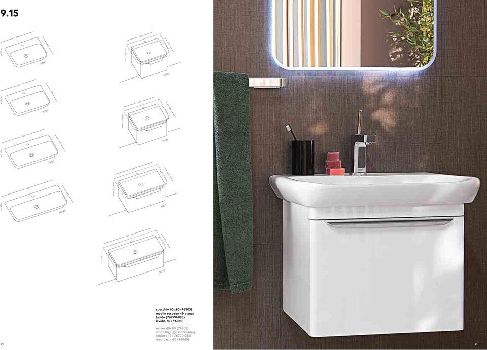 (76805) mobile sospeso 49 bianco lucido (76770-083) lavabo 60 (76060) mirror