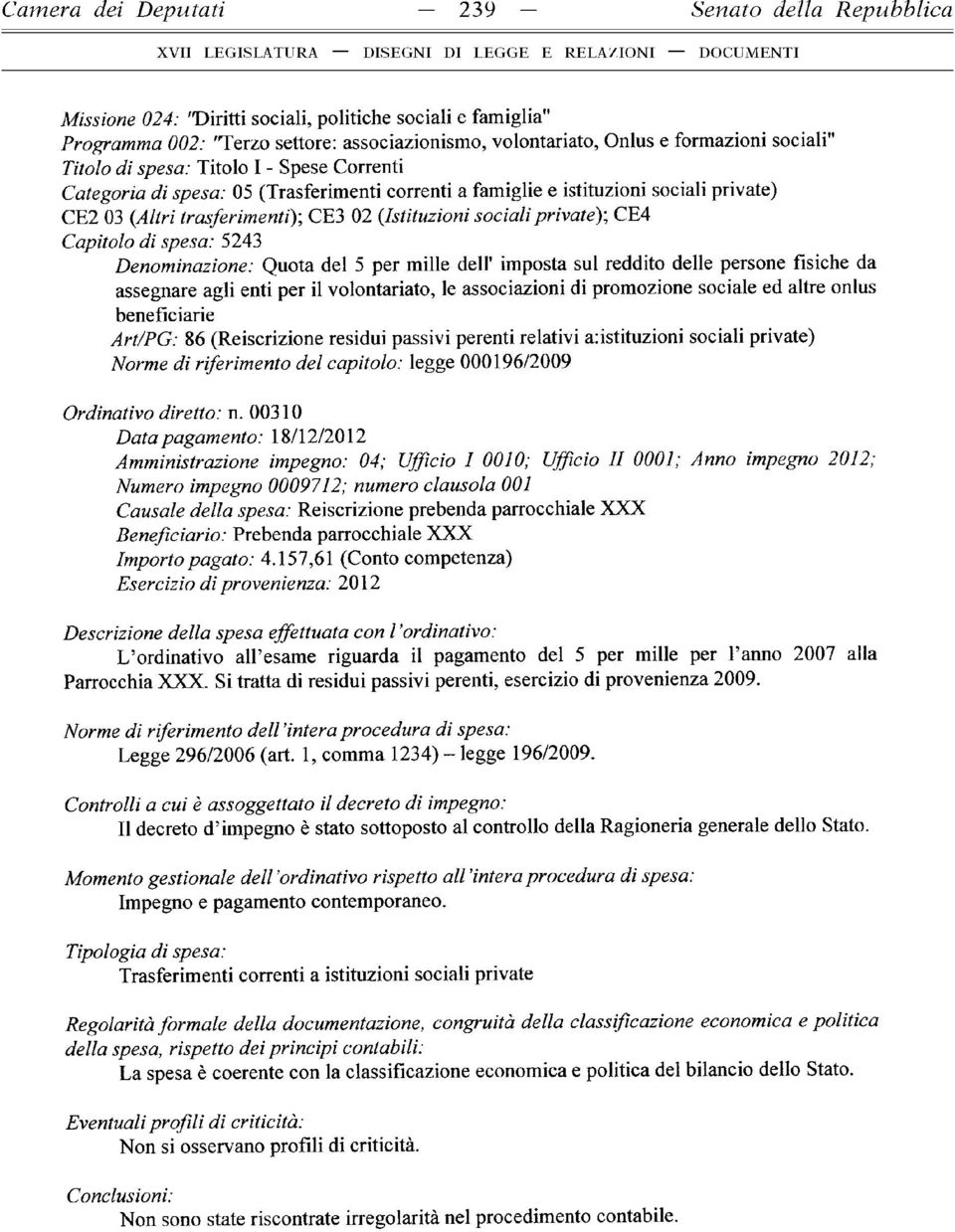 private); CE4 Capitolo di spesa: 5243 Denominazione: Quota del 5 per mille dell' imposta sul reddito delle persone fisiche da assegnare agli enti per il volontariato, le associazioni di promozione