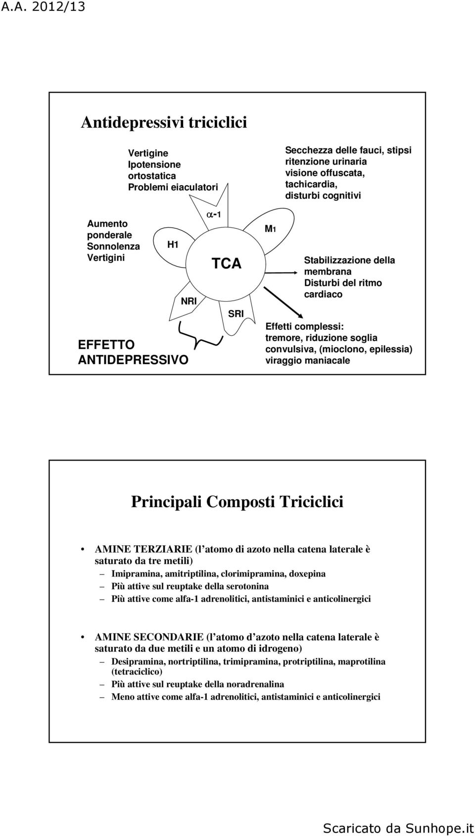 epilessia) viraggio maniacale Principali Composti Triciclici AMINE TERZIARIE (l atomo di azoto nella catena laterale è saturato da tre metili) Imipramina, amitriptilina, clorimipramina, doxepina Più