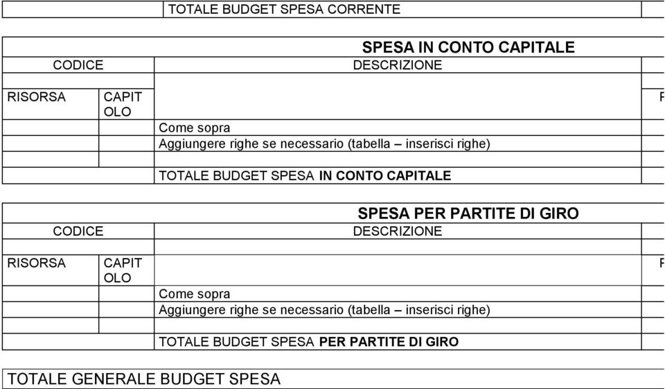 CAPITALE CODICE SPESA PER PARTITE DI GIRO RISORSA CAPIT OLO Come sopra Aggiungere righe se