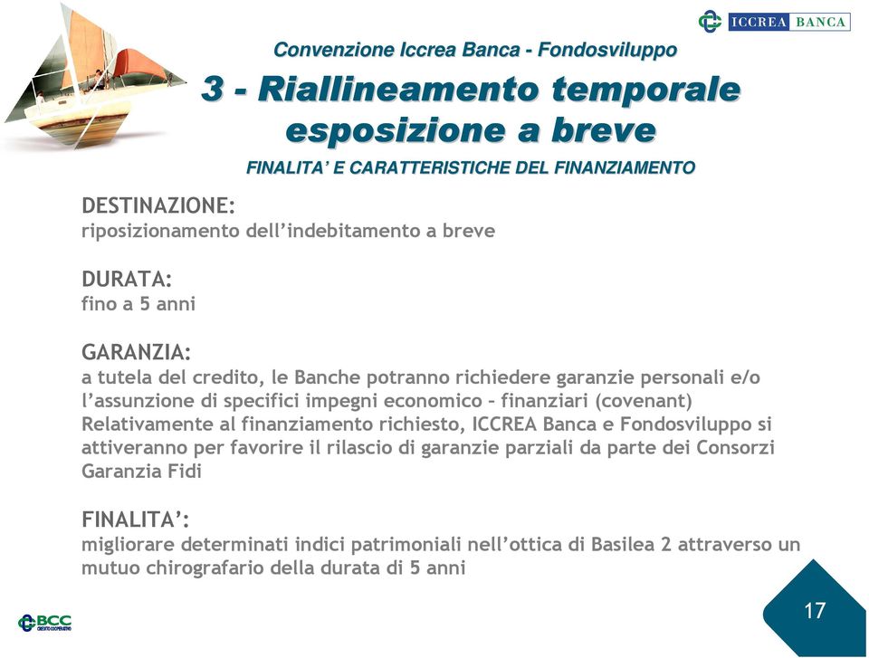 impegni economico finanziari (covenant) Relativamente al finanziamento richiesto, ICCREA Banca e Fondosviluppo si attiveranno per favorire il rilascio di garanzie