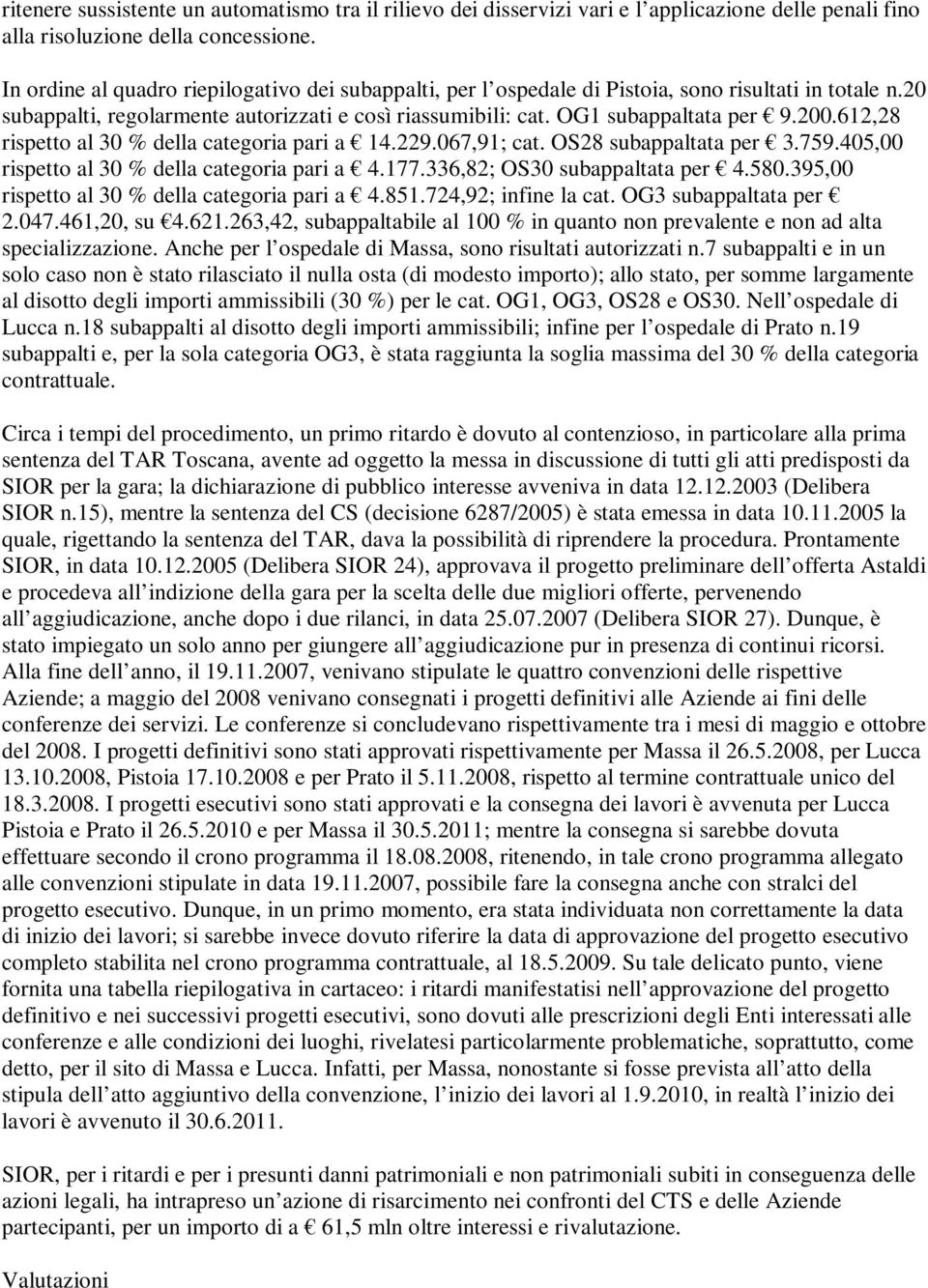 612,28 rispetto al 30 % della categoria pari a 14.229.067,91; cat. OS28 subappaltata per 3.759.405,00 rispetto al 30 % della categoria pari a 4.177.336,82; OS30 subappaltata per 4.580.