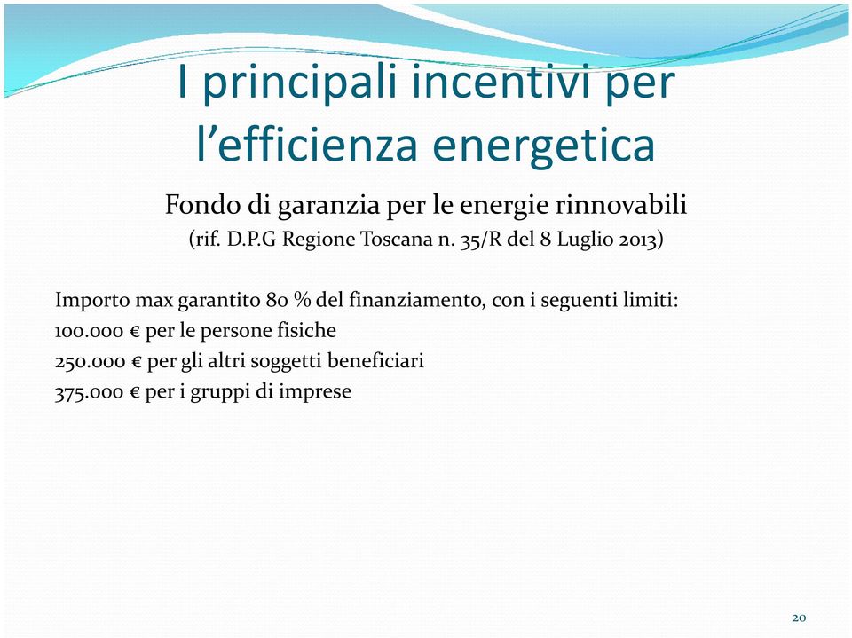 35/R del 8 Luglio 2013) Importo max garantito 80 % del finanziamento,