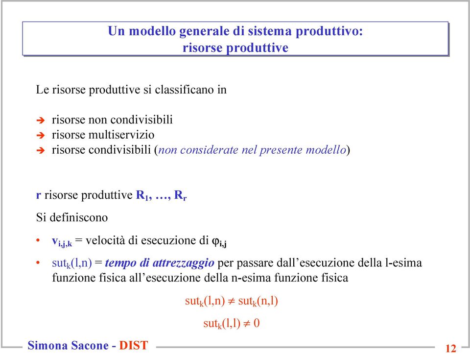 produttive R 1,, R r Si definiscono v i,j,k = velocità di esecuzione di ϕ i,j sut k (l,n) = tempo di attrezzaggio per